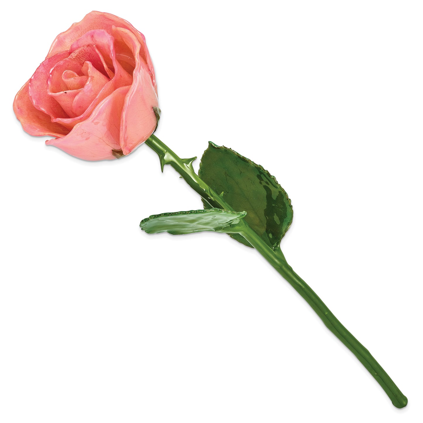 Lacquer Dipped Natural Pink Rose w/Green Leaves and Stem