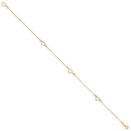 14K Adjustable Fancy Heart 9in Plus 1in Ext. Anklet