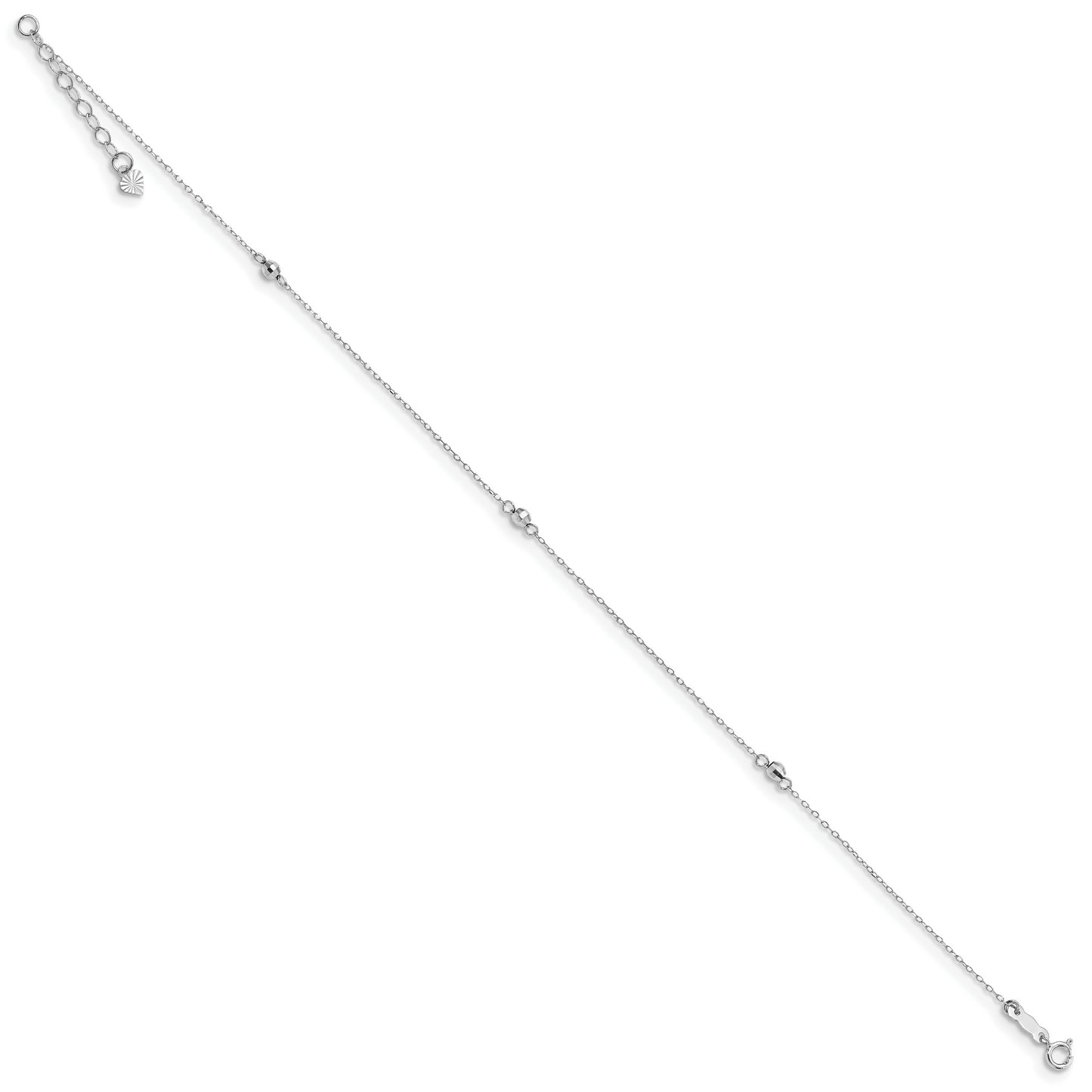 14K White Gold Mirror Beaded 9in Plus 1in ext. Anklet