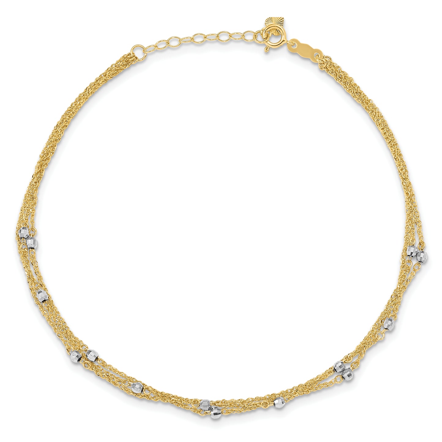 14k Two-tone Triple Strand 9in Plus 1in ext. Anklet