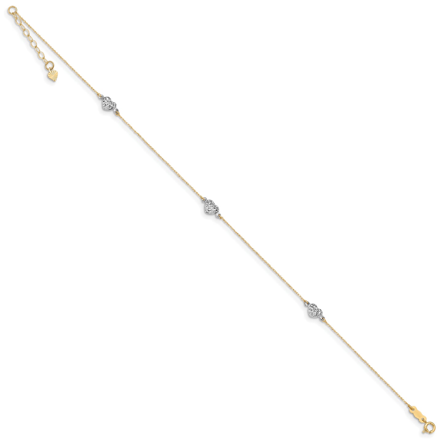 14k Two-tone Puff Heart 9in Plus 1in ext Anklet