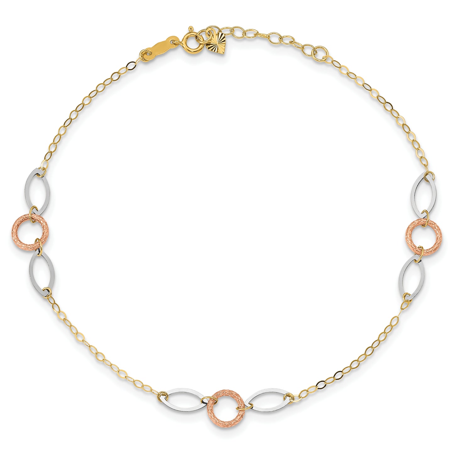 14k Tri-color Circle and Oval 9in Plus 1in ext. Anklet