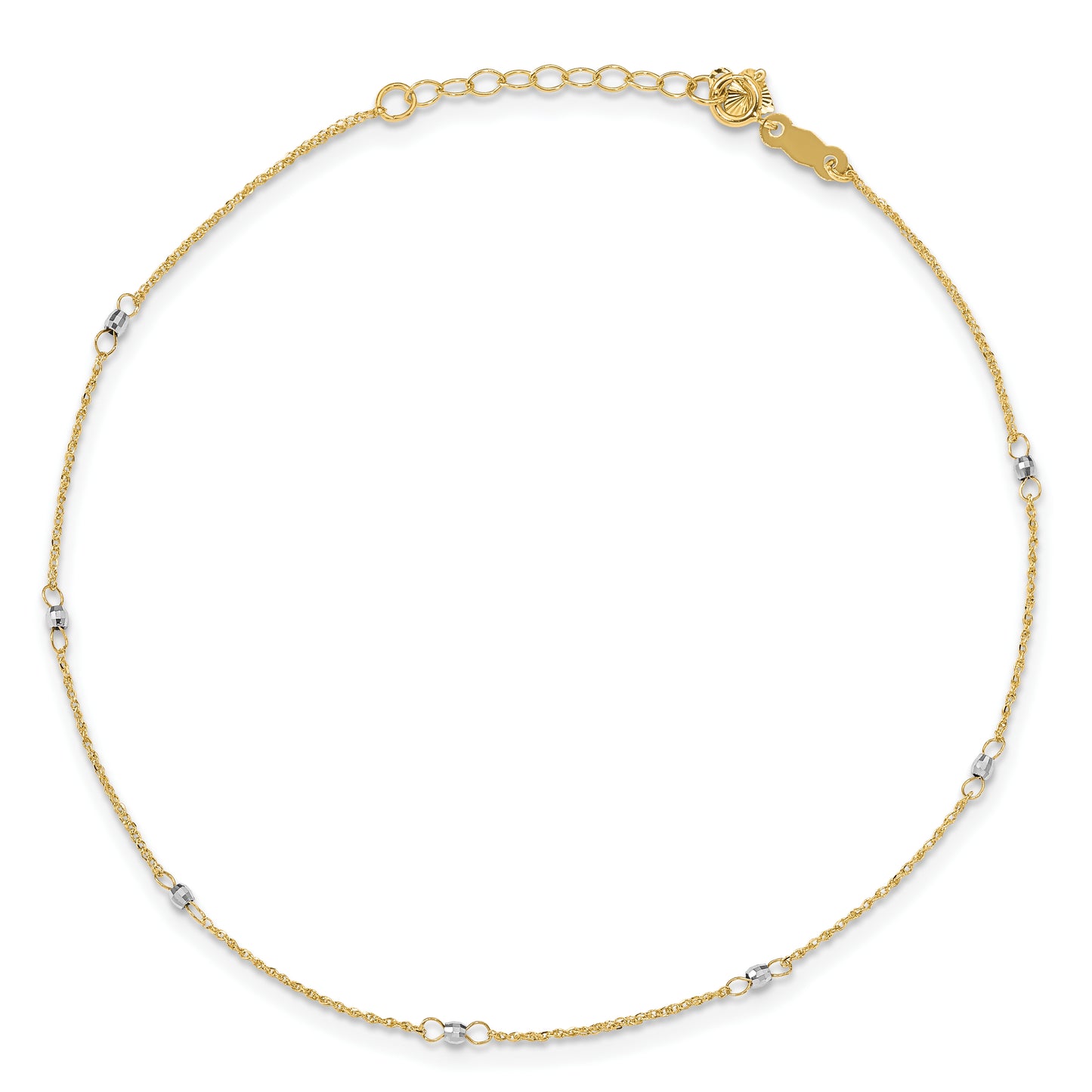 14K Two-tone Ropa Mirror Bead 9in Plus 1in Ext. Anklet