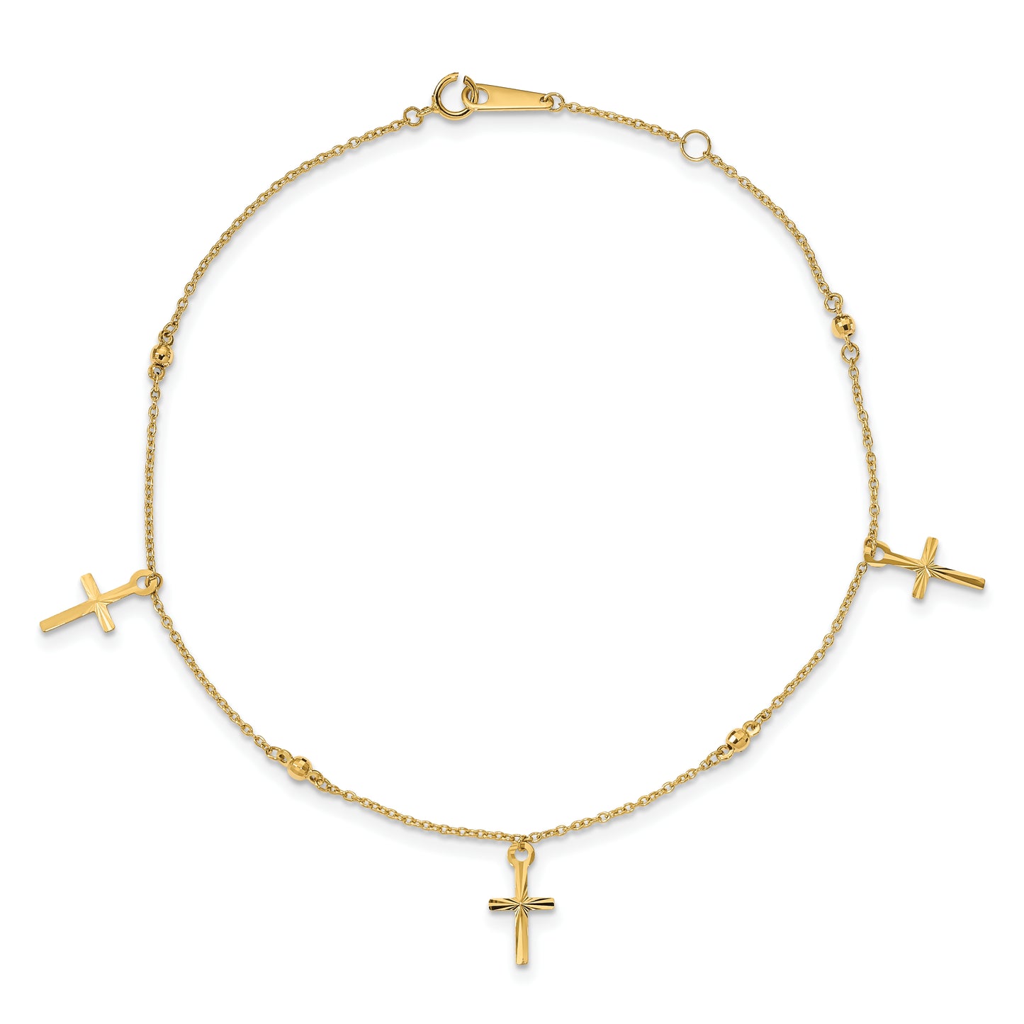 14k Polished and Diamond-cut Cross 9in Plus 1in ext. Anklet