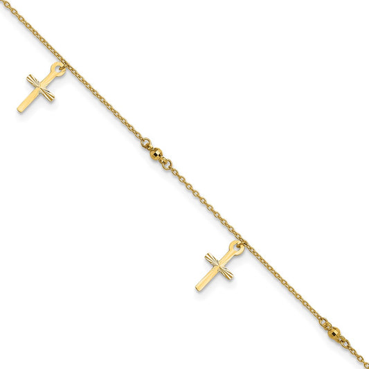 14k Polished and Diamond-cut Cross 9in Plus 1in ext. Anklet