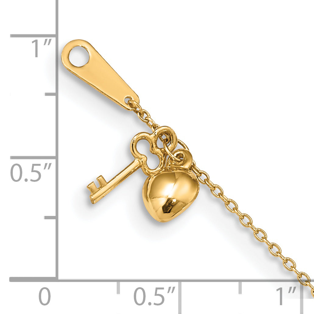 14k Gold Heart and Key 9in Plus 1in ext. Anklet