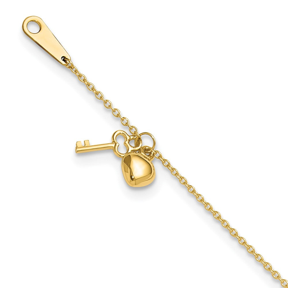 14k Gold Heart and Key 9in Plus 1in ext. Anklet