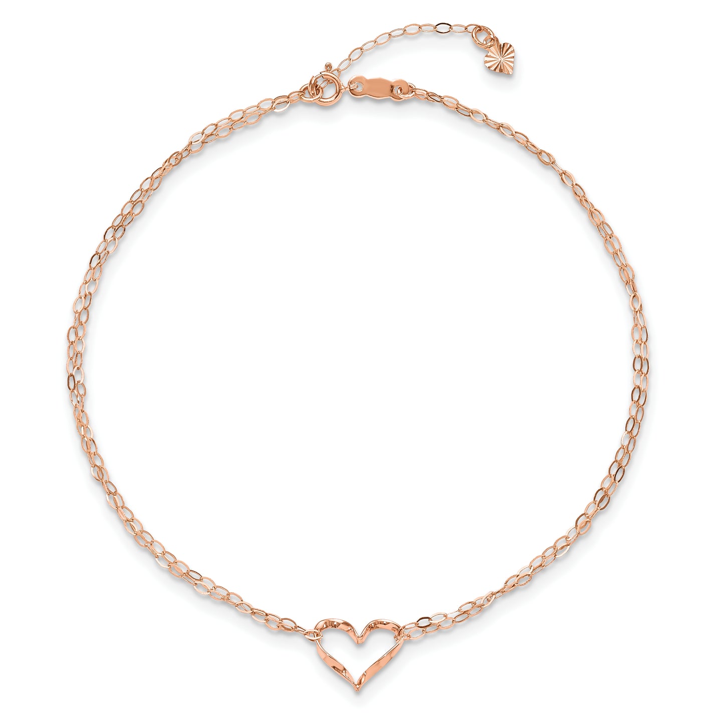 14k Rose Gold Double Strand Heart 9in Plus 1in Ext Anklet