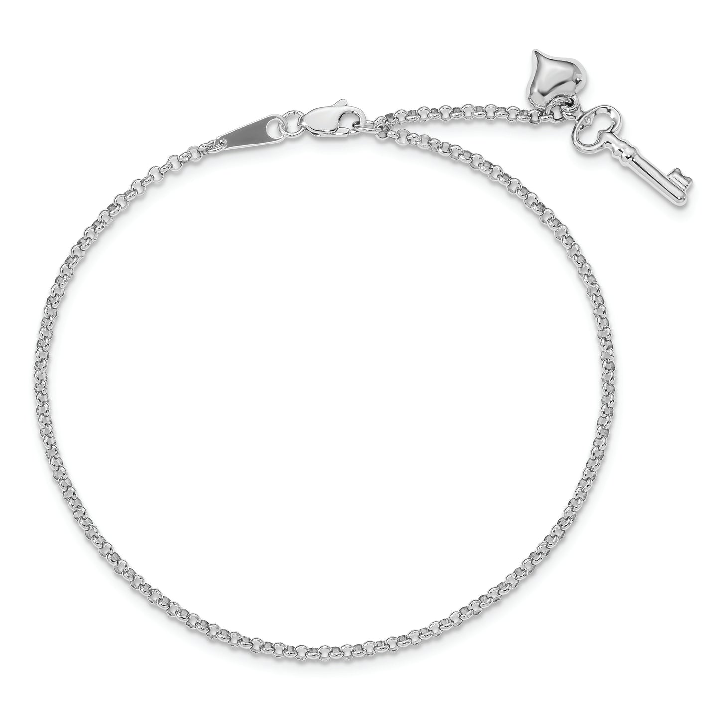 14k White Gold Adj Polished Puffed Heart Key 9in Plus 1in ext. Anklet