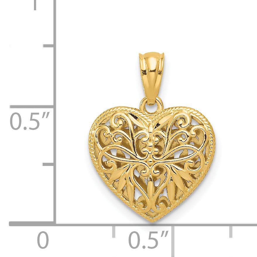 14K Two-tone Polished Diamond-cut Reversible Heart Pendant