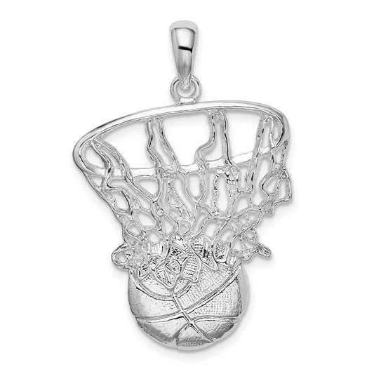 Sterling Silver Rhodium-plated Polished Basketball in Net Pendant