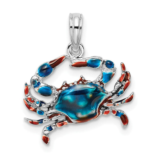 Sterling Silver Rhodium-plated Polished Enameled Blue Crab Pendant