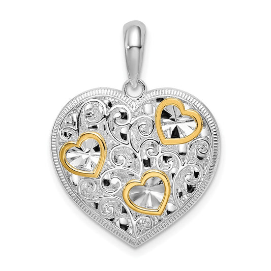 Sterling Silver Rhodium-plated Fancy Heart w/14k Accents Pendant