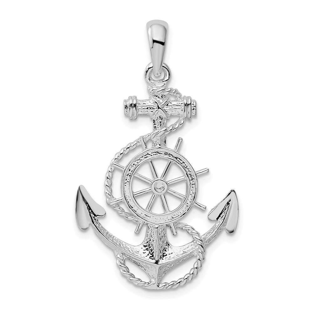 Sterling Silver Rhodium-plated Polished Anchor w/Ships Wheel Pendant