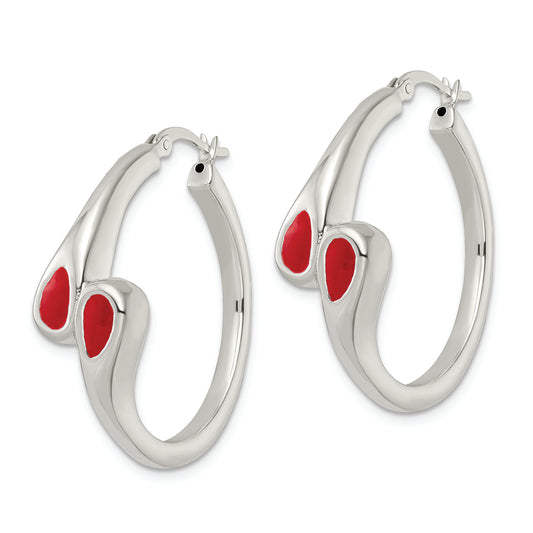 Sterling Silver Polished Red Enameled ByPass Circle Hoop Earrings