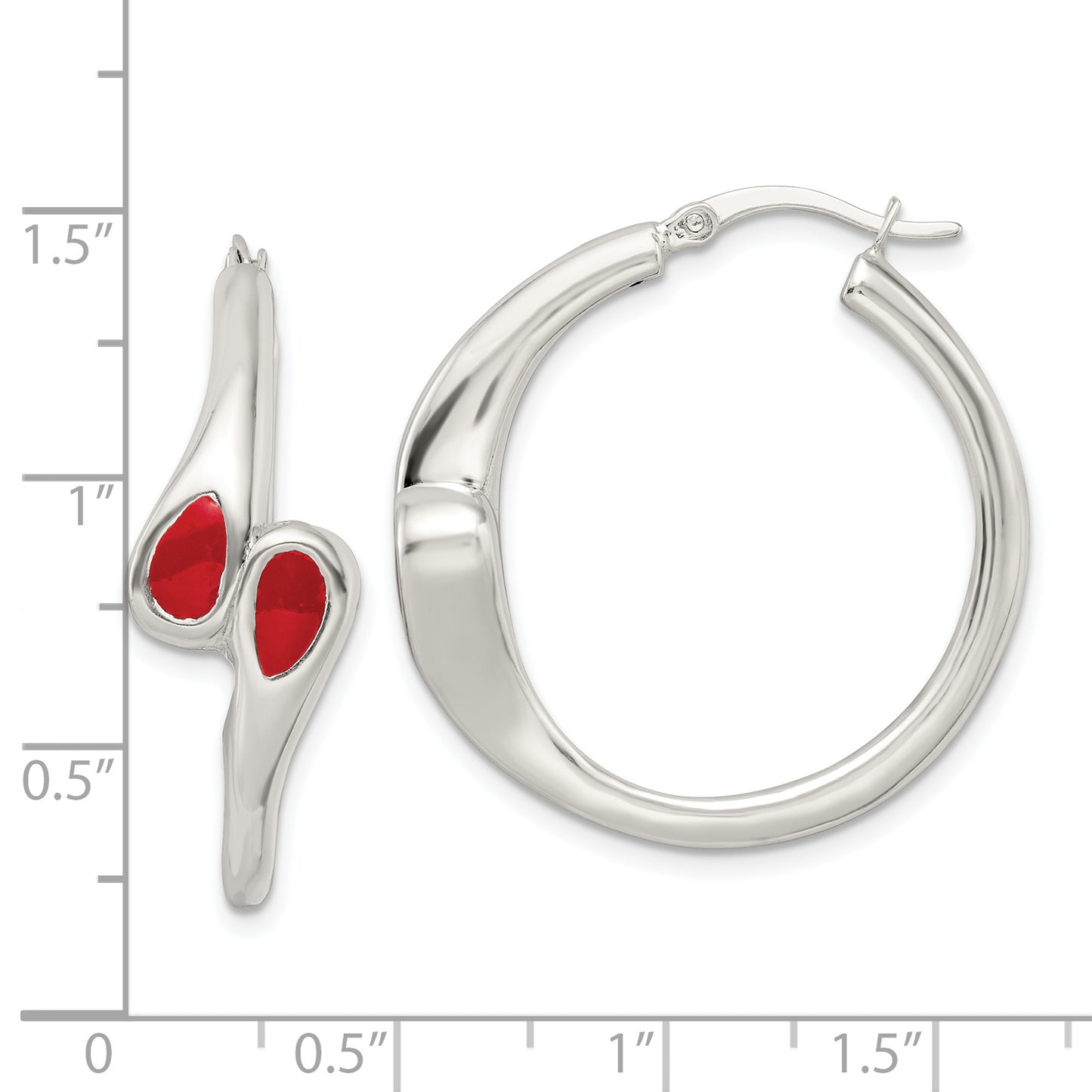 Sterling Silver Polished Red Enameled ByPass Circle Hoop Earrings