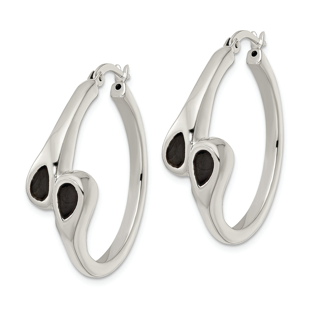 Sterling Silver Polished Black Enamel Hearts Circle Hoop Earrings