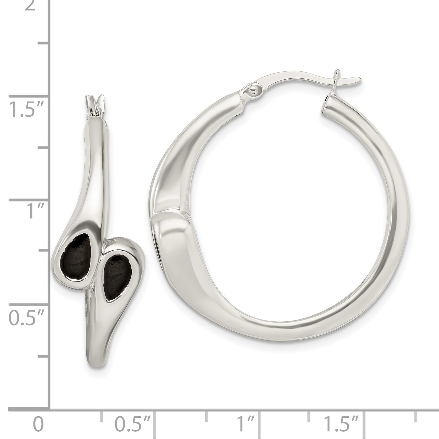 Sterling Silver Polished Black Enamel Hearts Circle Hoop Earrings