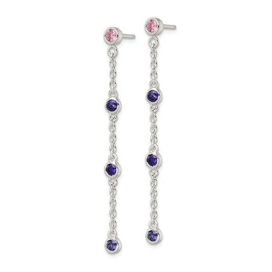 Sterling Silver Chain w/Pink and Purple Bezel CZs Dangle Post Earrings