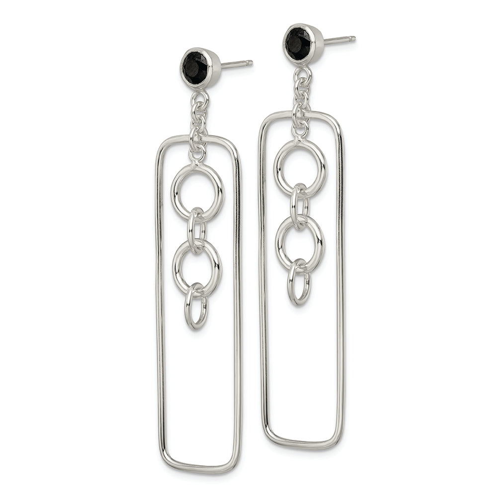 Sterling Silver Black CZ Rectangle and Chain Dangle Post Earrings