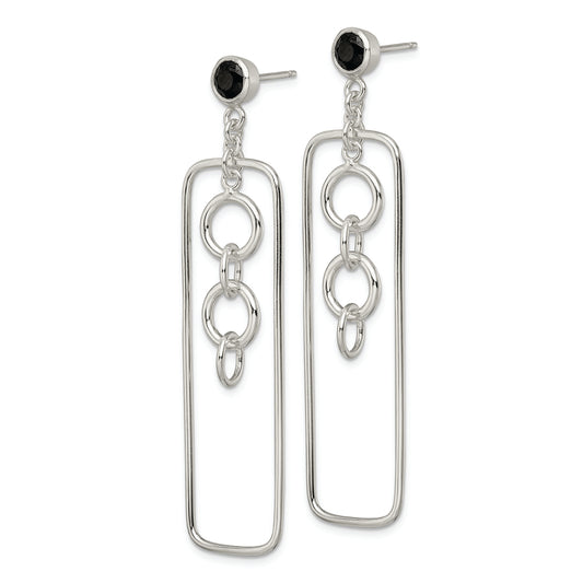 Sterling Silver Black CZ Rectangle and Chain Dangle Post Earrings