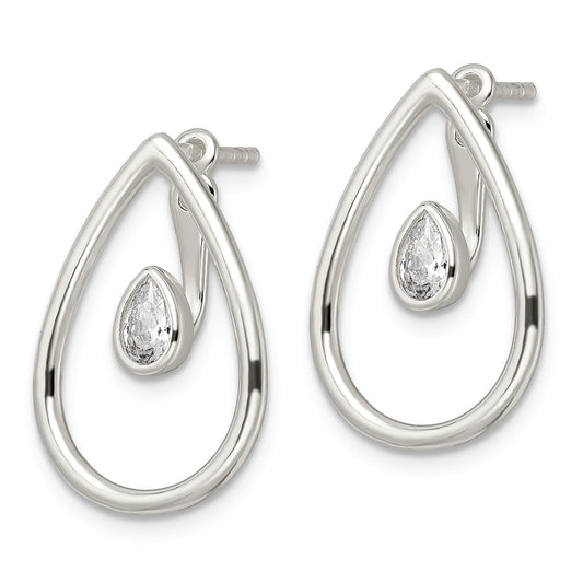 Sterling Silver Polished Teardrop w/Drop and Dangle CZ Threader Post Earrin