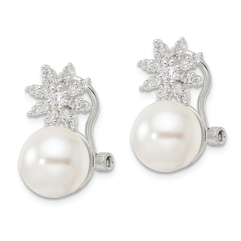 Sterling Silver Imitation Shell Pearl and CZ Floral Omega Back Earrings