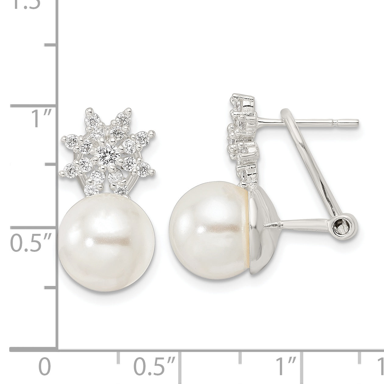 Sterling Silver Imitation Shell Pearl and CZ Floral Omega Back Earrings