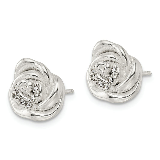 Sterling Silver Polished & Lasered Crystal Rose Post Earrings