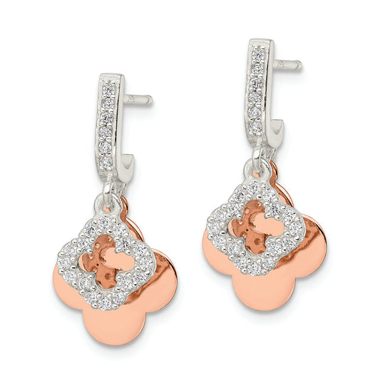 Sterling Silver Rose-tone Quatrefoil CZ Dangle Post Earrings