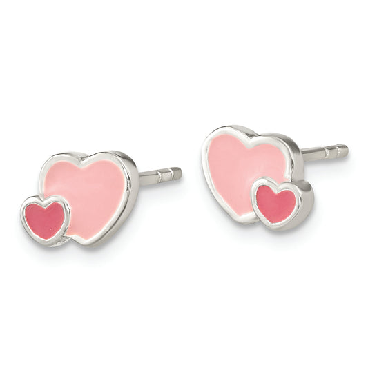 Sterling Silver Rhodium-plated Pink Enamel Double Heart Post Earrings