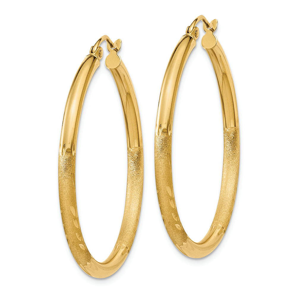 14k Satin & Diamond-cut 2.5mm Round Hoop Earrings