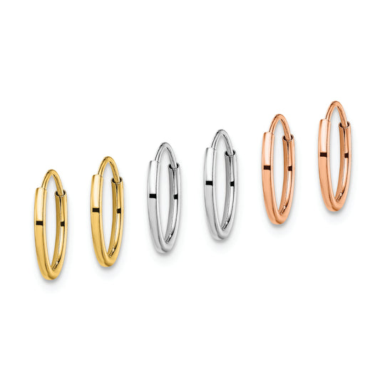 14K Tri Color 3-pair Hoop Earrings Set